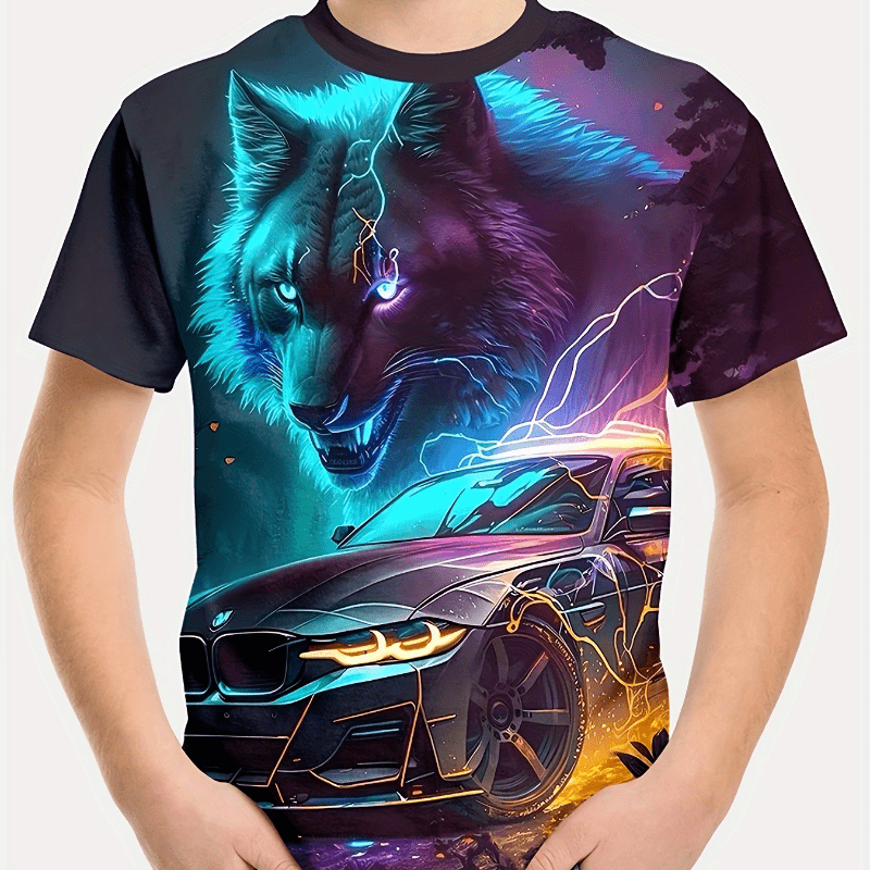 

Cartoon Wolf Racing T-shirt For Boys, Short Sleeve, Polyester Fabric, Cartoon Print, Casual Wear, Suitable For 12 Years Old And Below