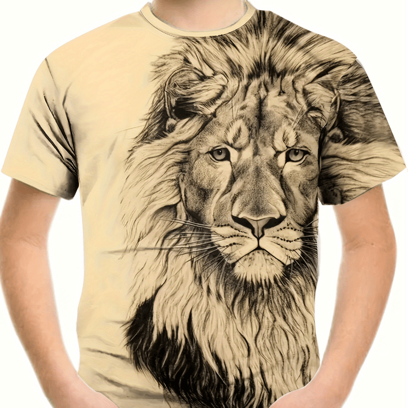 

Cartoon Lion Graphic T-shirt For Boys, 3d Design, Soft Polyester Fabric, Round Neck, Casual Wear For Kids