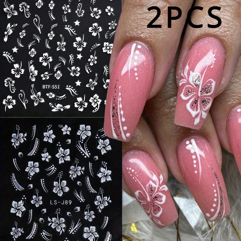 Set Of 2 Three-dimensional Hibiscus Flower Nail Stickers For Summer Decoration, Featuring Floral Designs And Tropical Leaf For