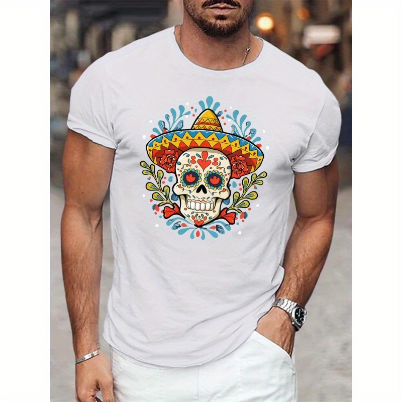 

T-shirt Imprimé Illustration de Crâne Mexicain Sombrero, Tees pour Hommes, T-shirt Décontracté à Manches Courtes pour l'Été, T-shirt Mexicain