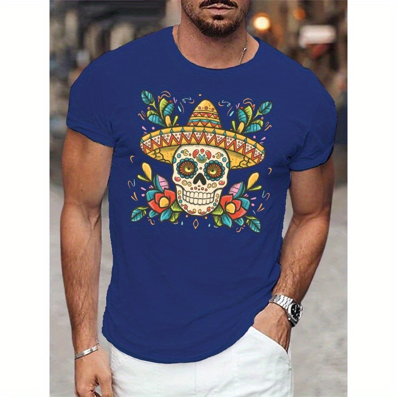 

T-shirt décontracté à manches courtes et col rond avec imprimé tête de mort mexicaine Sombrero pour homme, haut polyvalent en polyester pour l'été