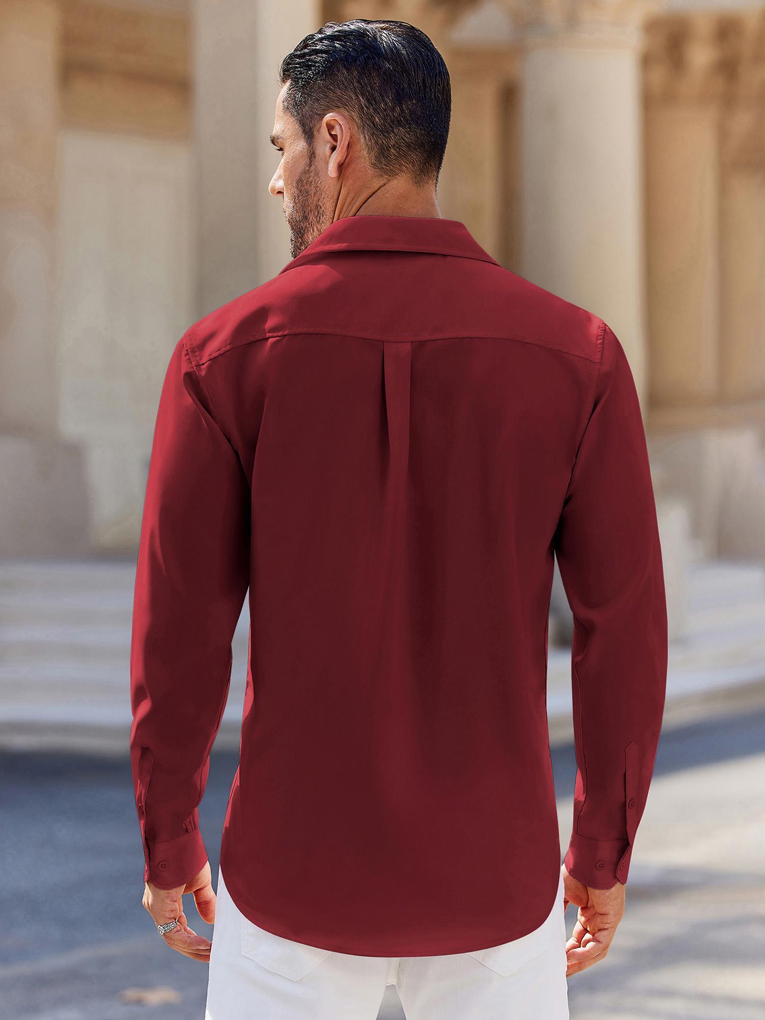 red fitted dress shirt Men's Long-Sleeve Solid Slim-Fit Casual Dress Shirts Burgundy / Small main image 0
