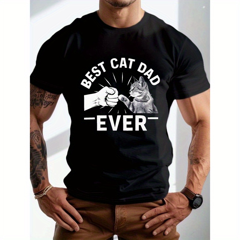 

Best Cat Dad Ever" Graphic Tee For Men - Plus Size, Breathable Polyester, Casual Round Neck T-shirt For Summer, Plus Size