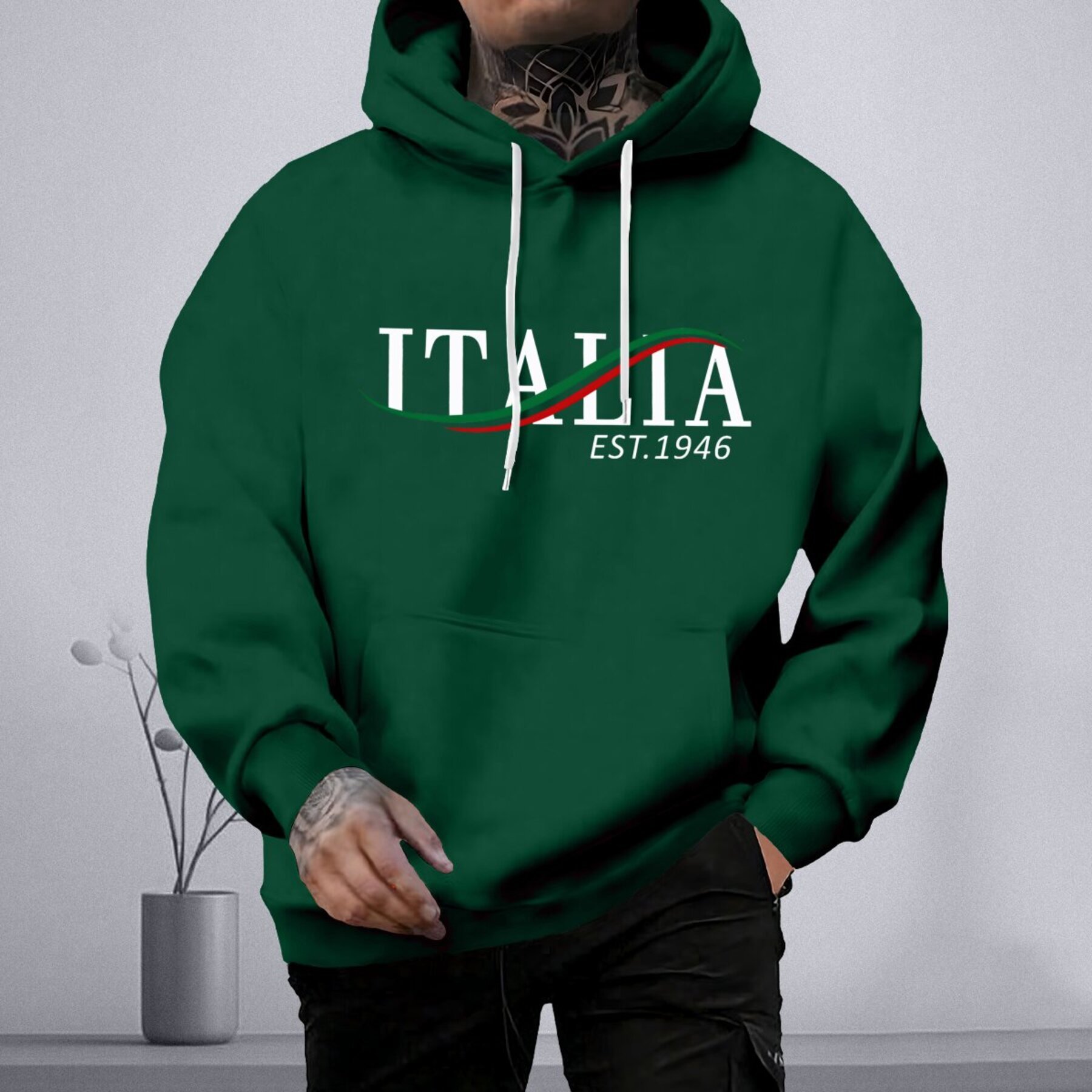 

Italia Print Plus Size Men's Casual And Cozy Hoodie With Pocket, Trendy Long Sleeve Hooded Sweatshirt, Casual Versatile Top For Autumn Winter