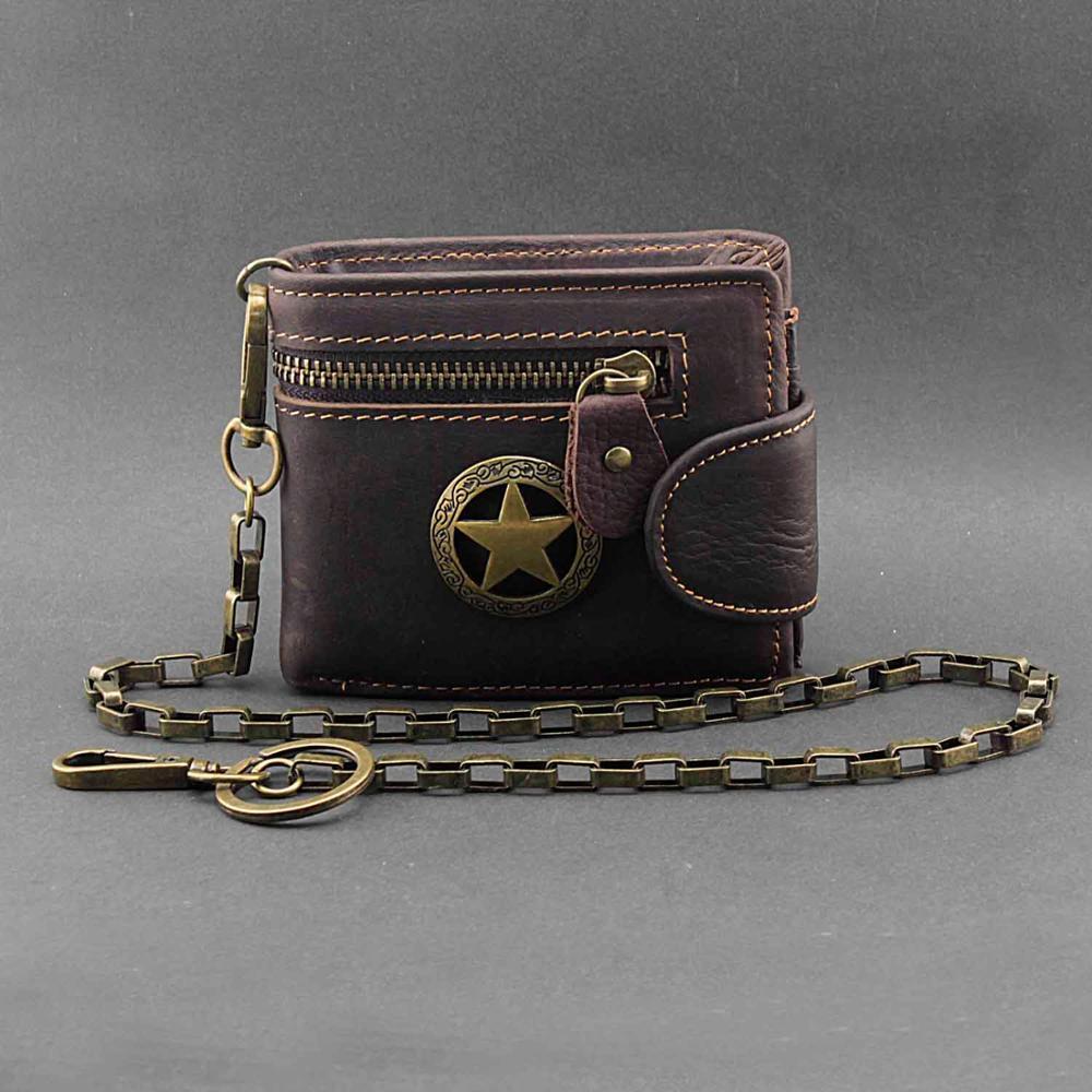 

Star Genuine Leather Zipper Card Money Men's Wallet With Chain