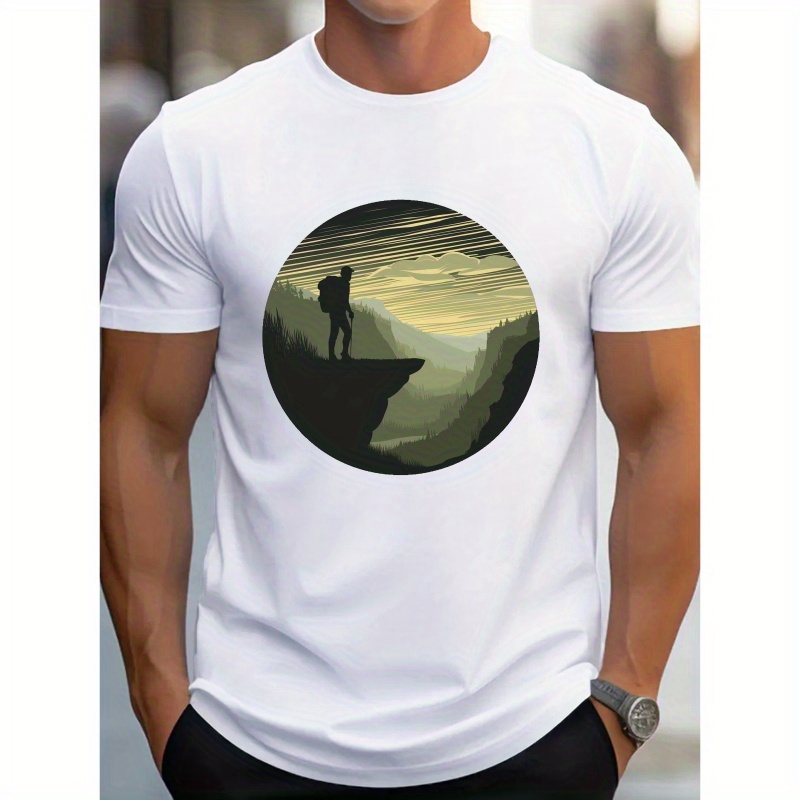 

[1pc Hiker Print T-shirt] 1pc Men's Casual Round Neck T-shirt With Hiker Print, Summer Knit Polyester Top, Breathable Lightweight Short Sleeve Shirt For Adults