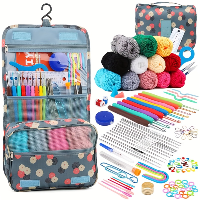 

130pcs Crochet Kit With Yarn, Fabric Storage Bag, For Knitting - Crafting Accessories Hooks, Scissors, Needles, Markers & More