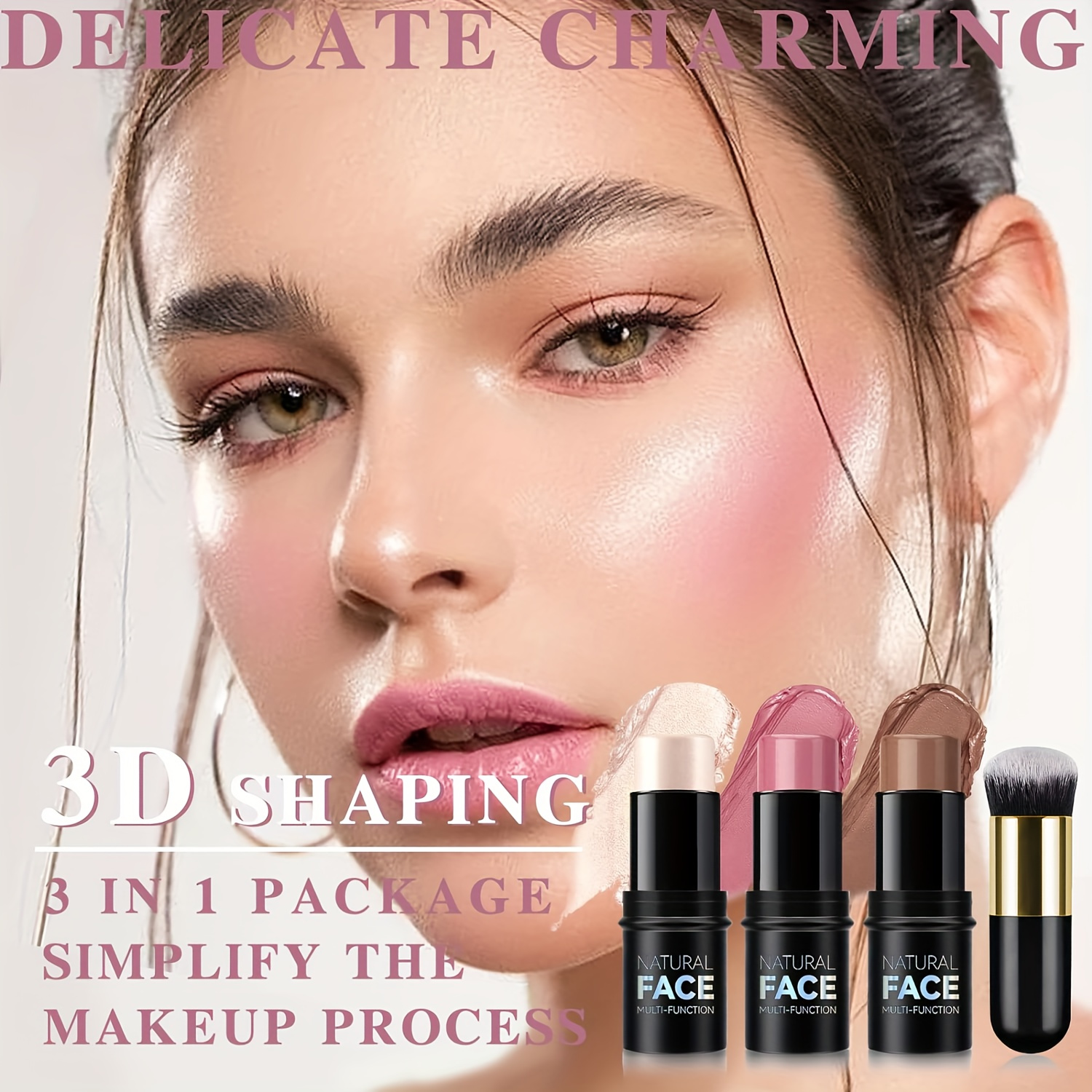 4pcs Contour Stick Set, Highlighter, Blush & Bronzer with Highlight Brush - Long-Lasting, Waterproof, Suitable for All Light Types, Perfect for Music Festivals, Graduation Gifts, Makeup Essentials, Durable Makeup, Highlighter Brush