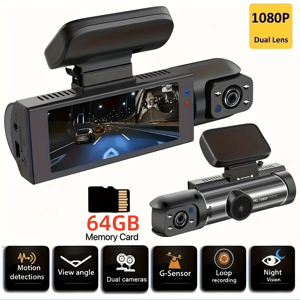 

1080p Dual-lens Car Dash Cam - Wide-angle Front And Inside Recording, Ir , Loop Recording, 3.16 Inch Ips Screen - High- Car Dvr Camera For