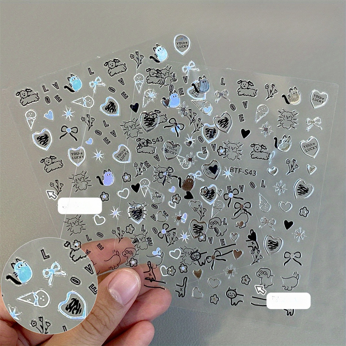 

Chic Silvery Heart & Bow Nail Art Stickers - Self-adhesive, Glittery & Letter Designs For Diy