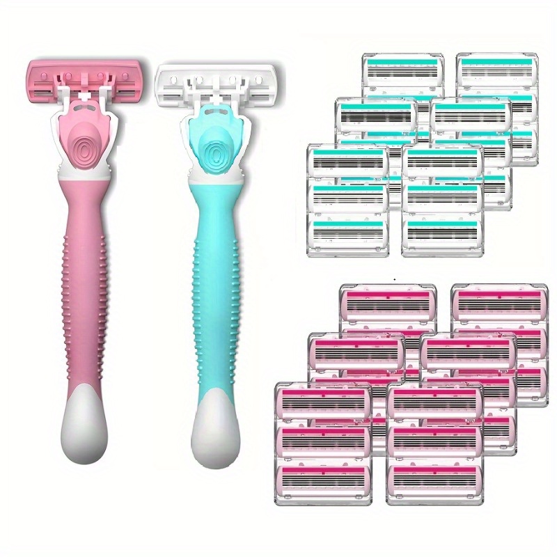 

2 Handles And 36 Blades 6-layer Manual Shaver For Women - Anti Slip Travel Carrying, Women's Value Razor - Pink