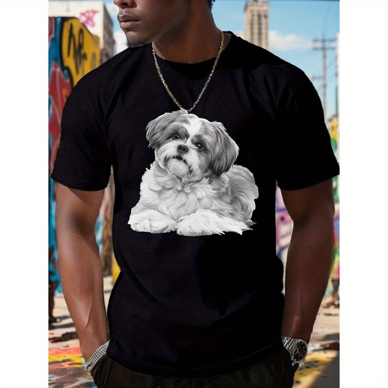 

Men's Polyester Crew Neck T-shirt With Shih Tzu Dog Print - Geometric Pattern Casual Tee With Slight Stretch, Summer Knit Fabric Top For Adults