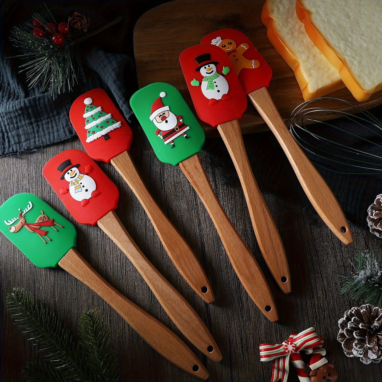 

6pcs Christmas Silicone Spatulas Christmas Spatulas Christmas Kitchen Utensils Wooden Handle Christmas Cake Decorating Spatulas For Cooking Baking Stirring Butter Cream