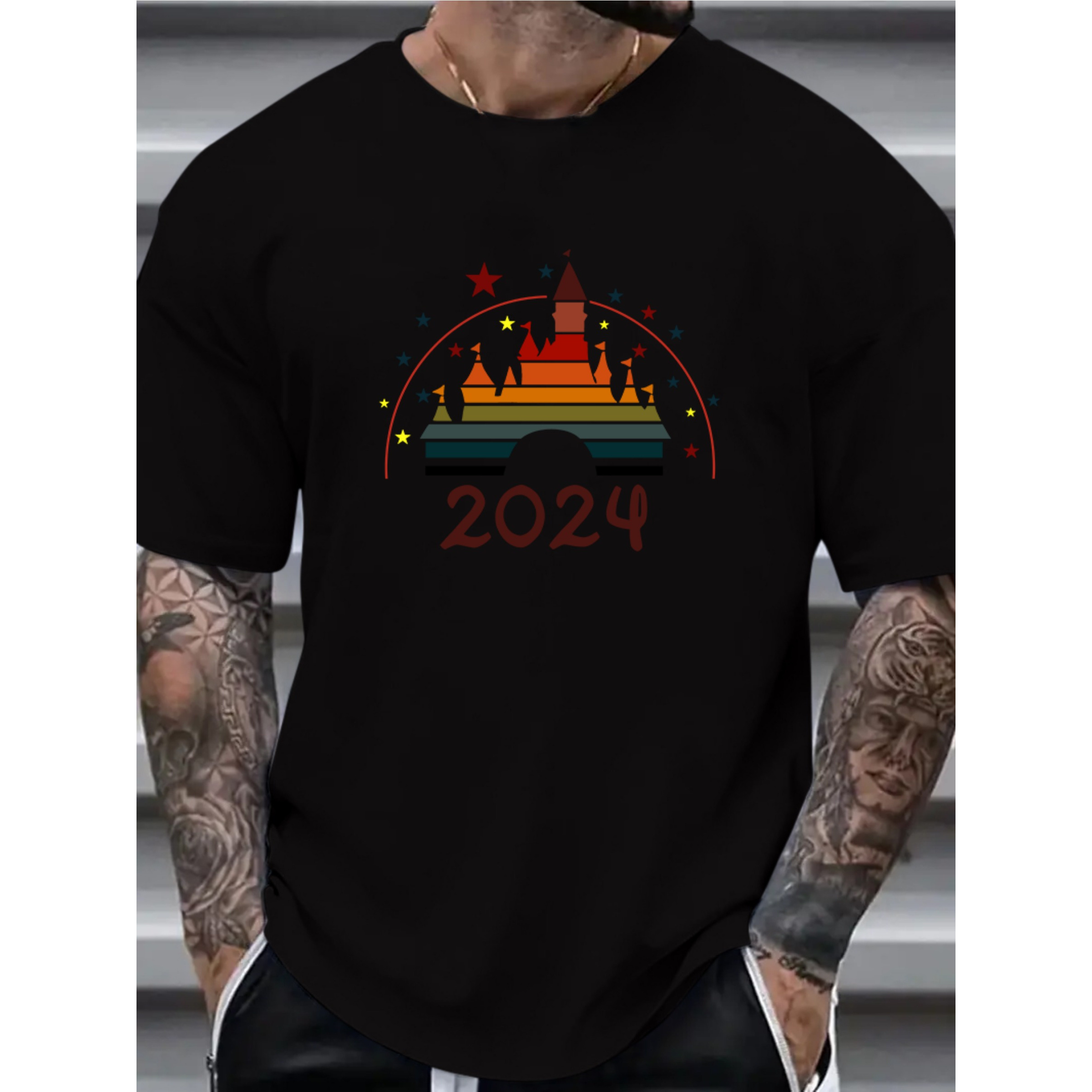 

2024 Castle Print Men's Crew Neck Short Sleeve T-shirt Comfortable All-purpose Tops Leisure Wear