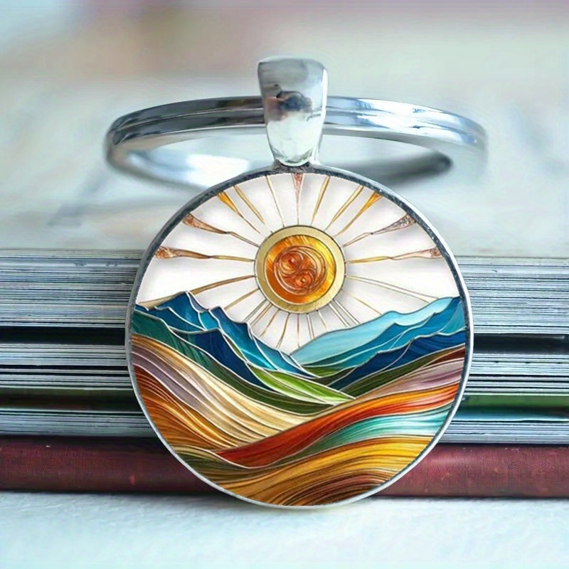 

1pc Vintage-inspired Sunrise Keychain With Mountain Landscape - Alloy, Artistic Pendant For Bags & Cars