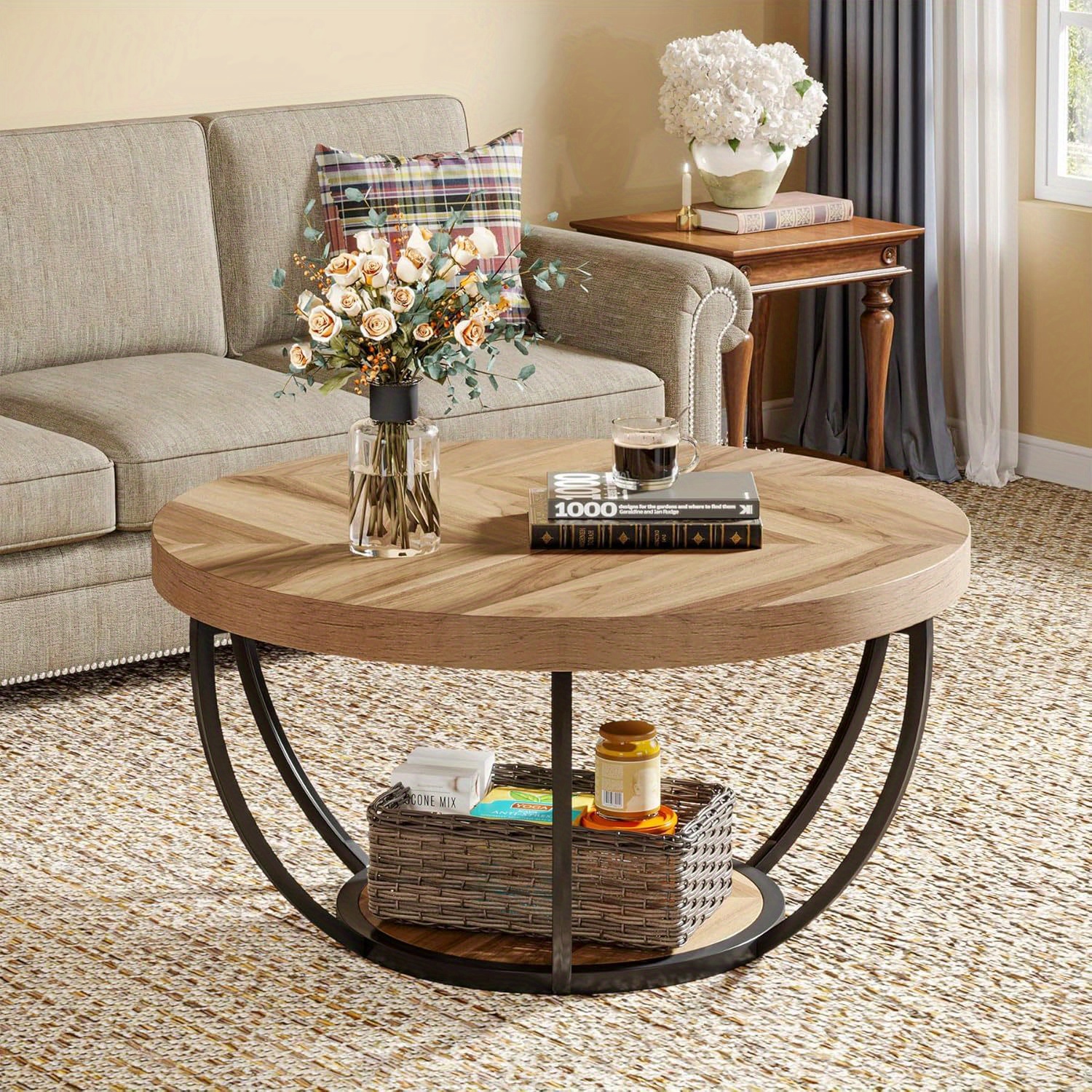 Wooden Circular Coffee Table, Double-layer Coffee Table With Storage Rack, Modern Living Room, Sofa Decoration Center Table, Suitable For Living Room
