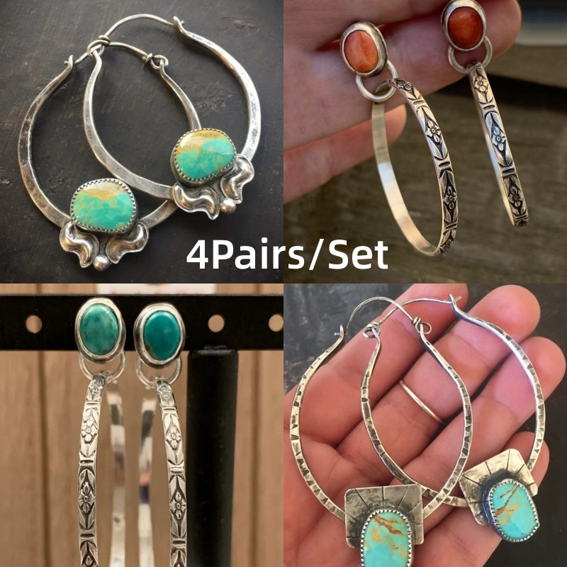 

4pairs/ Set Vintage Metal Stone Earrings Bohemian Jewelry Antique Silver Color Hollow Round Drop Earring For Women Fancy Turquoise Hoops Earrings