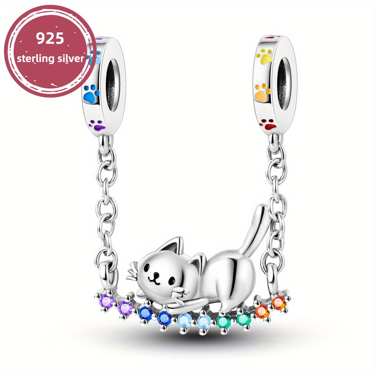 925 Sterling Silver Cat Rainbow Swing Pendant Charm