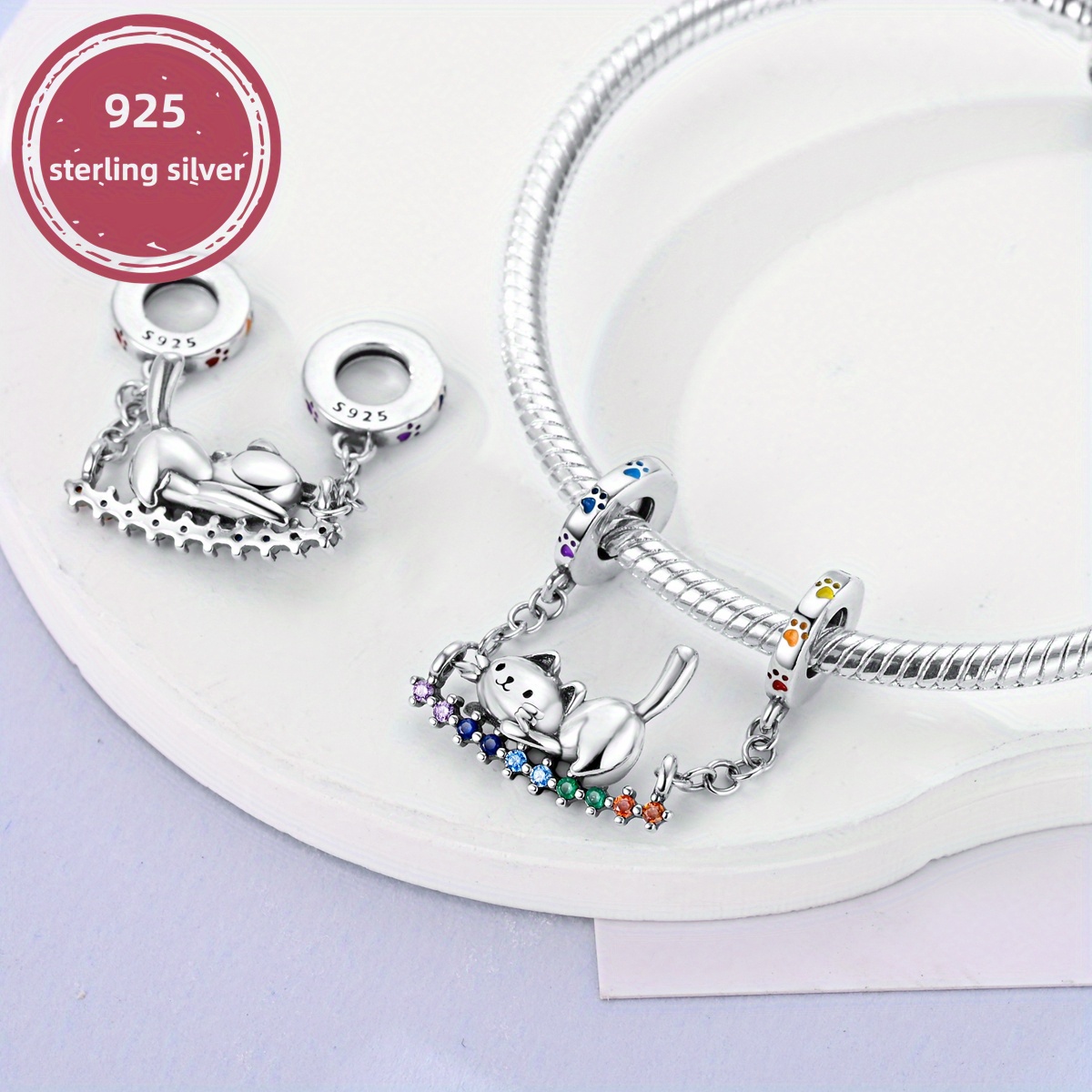 925 Sterling Silver Cat Rainbow Swing Pendant Charm