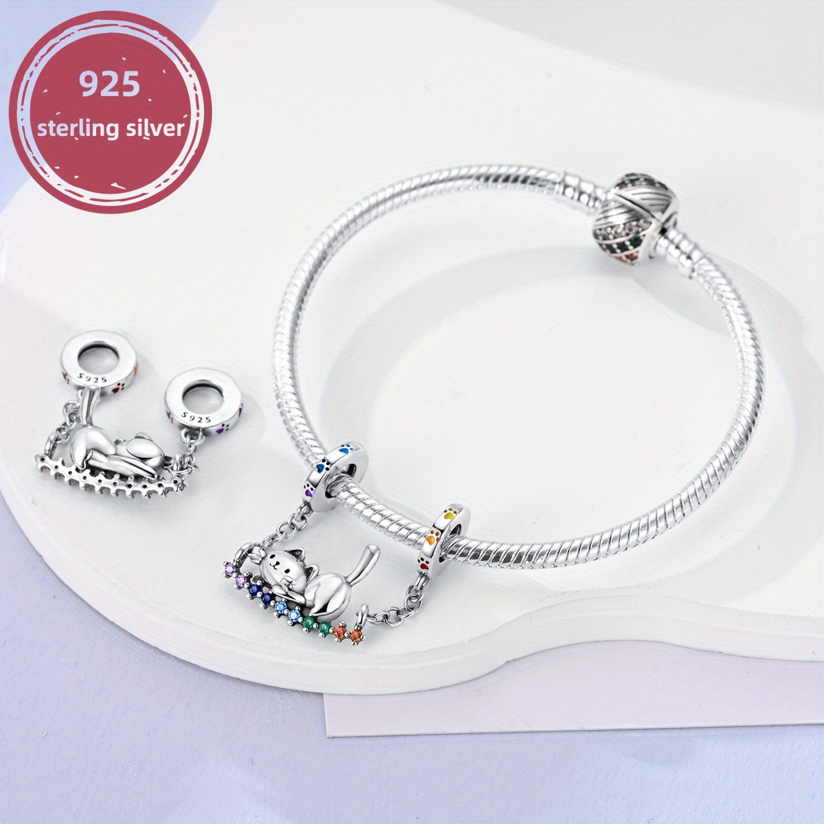 925 Sterling Silver Cat Rainbow Swing Pendant Charm