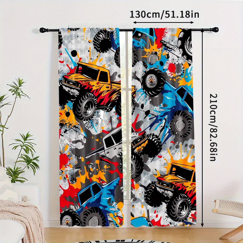 TEMU 2pcs, Cartoon Colorful Truck Print, Blackout And Heat Insulation Floor Curtains, Long Curtains Privacy And The Room, Rod Bag Design Suitable For