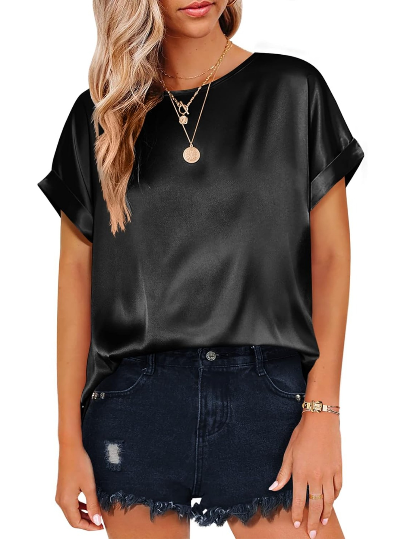 blusa túnica de cetim feminina 2024 redonda elegante e