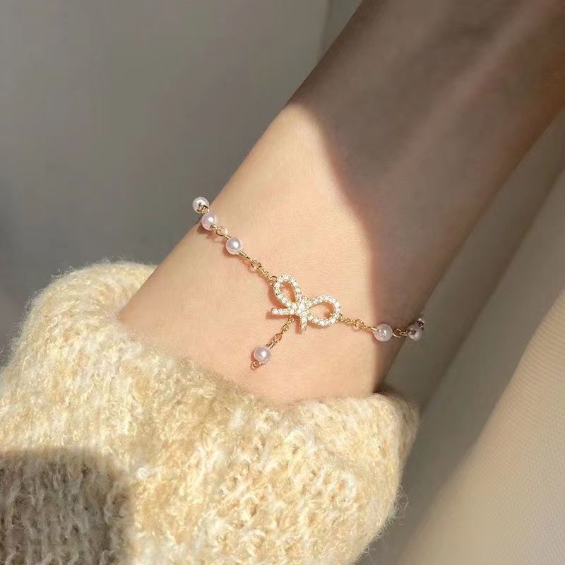 

Elegant Bow Charm Chain Bracelet, Simple And Fashionable Jewelry, Perfect Gift For Girls, Holiday Gift, Daily Wear Accessory