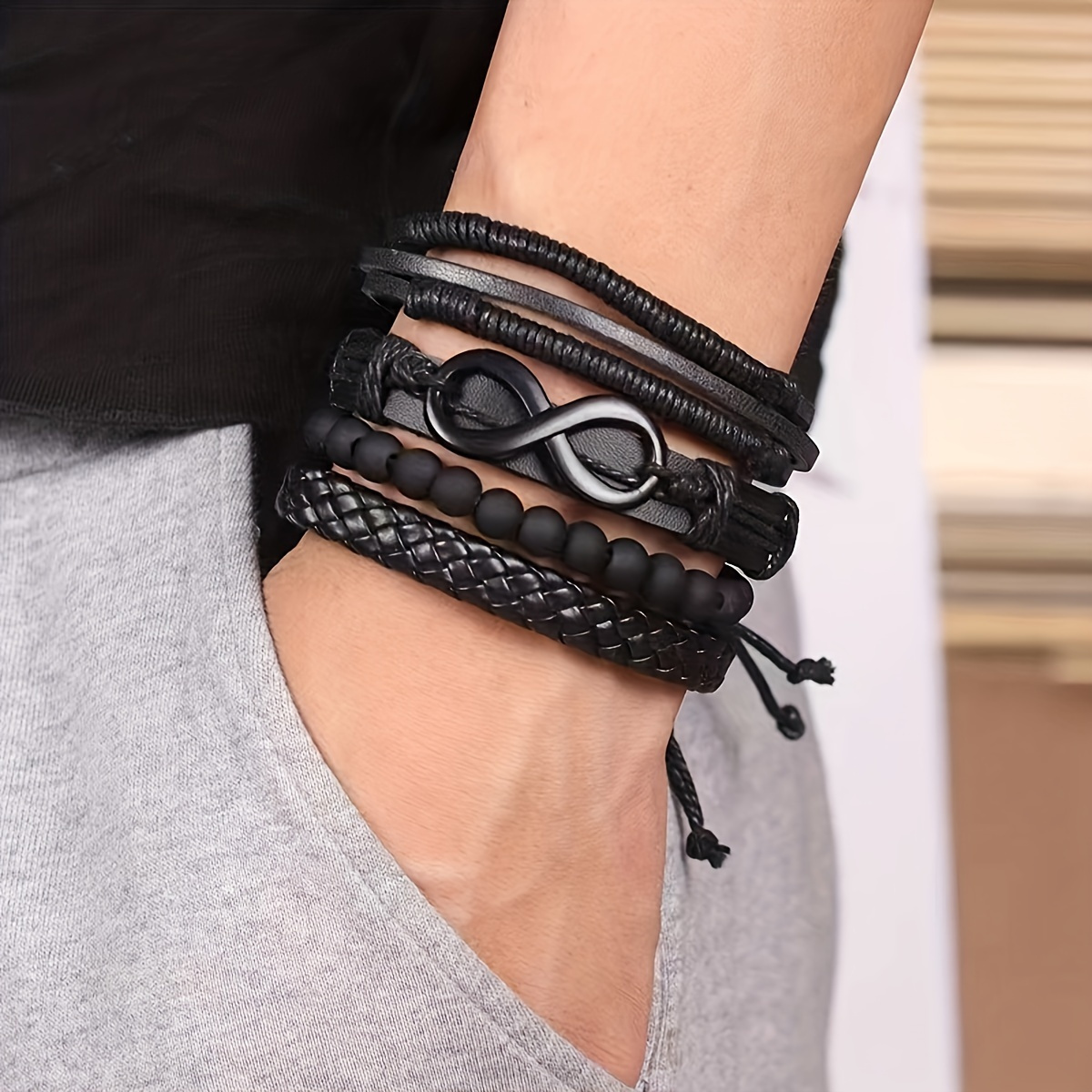 

Men's Bracelet Rope Leather Bracelet Men's Anchor Leaf Bracelet Fashion Black Leather Bracelets And Bracelets Multi- Wide Package