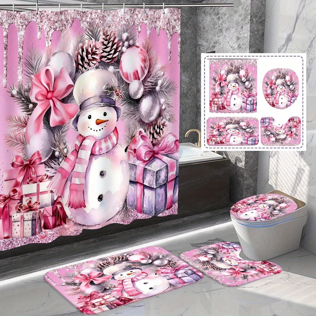 

Pink Snowman Christmas Shower Curtain Set - 1/4pcs, Waterproof Bath Curtain With Quilted Mat, Toilet Lid Cover & Non-slip Rug, 71x71 Inches, Machine Washable, Winter Bathroom Decor