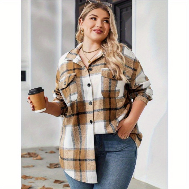 

Women's Plus Size Flannel Shacket Button Down Shirts Tops Long Sleeve Casual Fall Jacket Coat