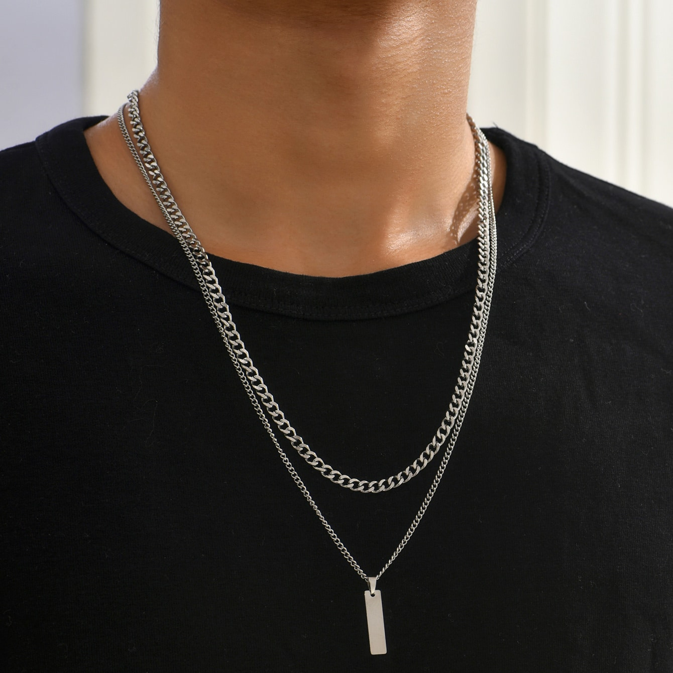 

2-piece Modern Minimalist Style Double-layer Necklace Snake Chain Rectangular Pendant Set, Suitable For Daily Wear