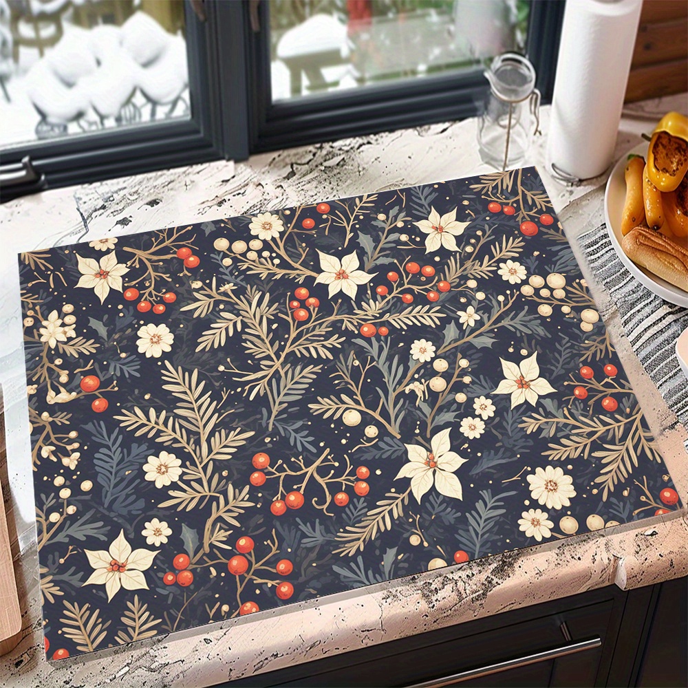 

Christmas Floral Pattern Polyester Dish Drying Mat Set - Absorbent Microfiber Kitchen Counter Mat For Dishes, Glassware, Bar, Coffee Machine - Waterproof, Heat-resistant Anti-dust Pads - 2 Sizes