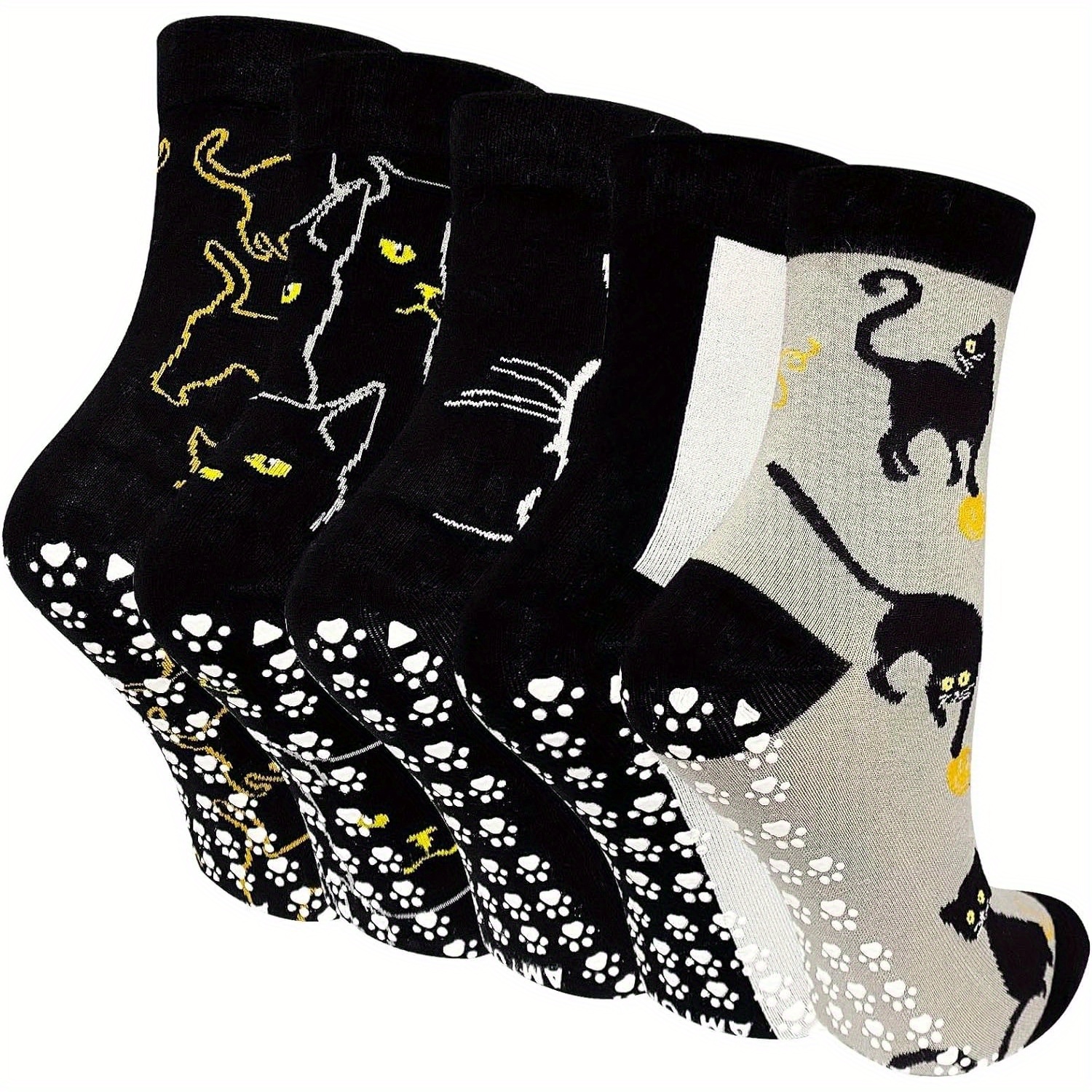 Image of 5 Pairs Women's Non-slip Socks With Cute Kitten & Cat Patterns - Sole Grip Socks, Funny Novelty Hosiery For Ladies