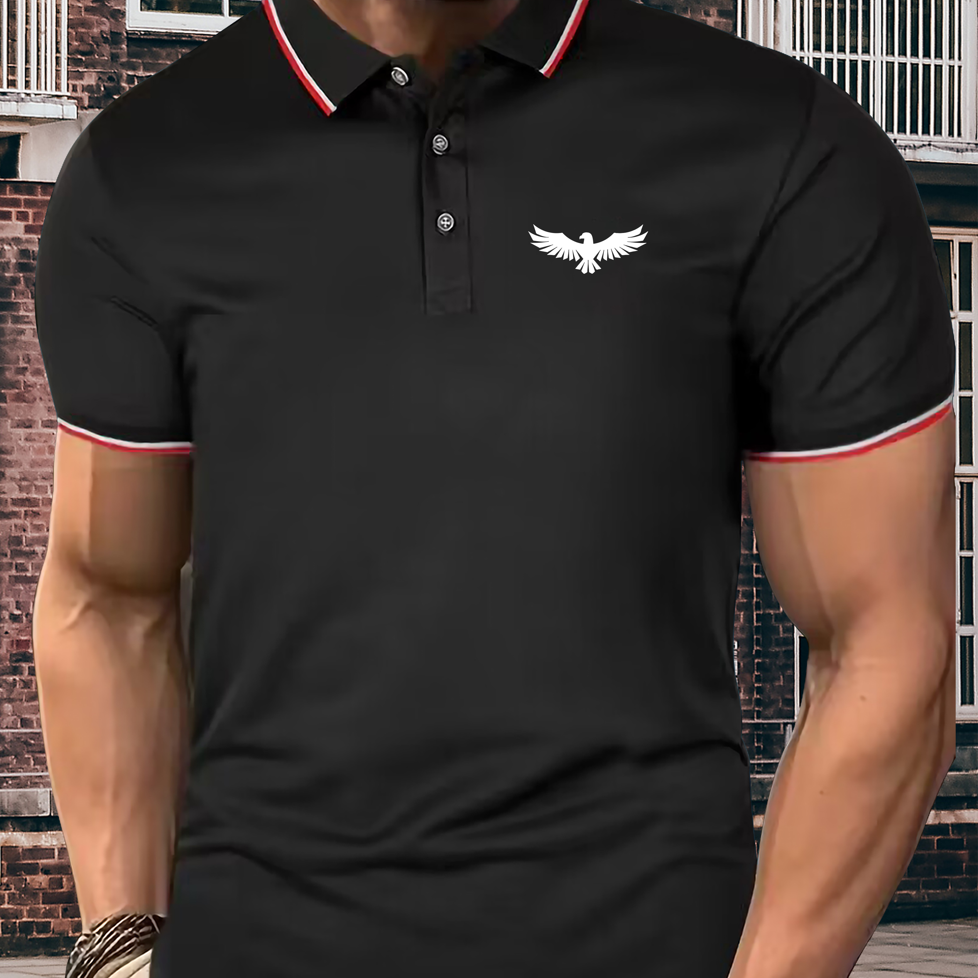 

Silhouetted Eagle With Open Wings Print Men's Comfortable Lapel Short Sleeved Golf Shirt, Versatile Lightweight Top For Daily Wear, Business & Training, Men's Best Summer Choice, As Gifts