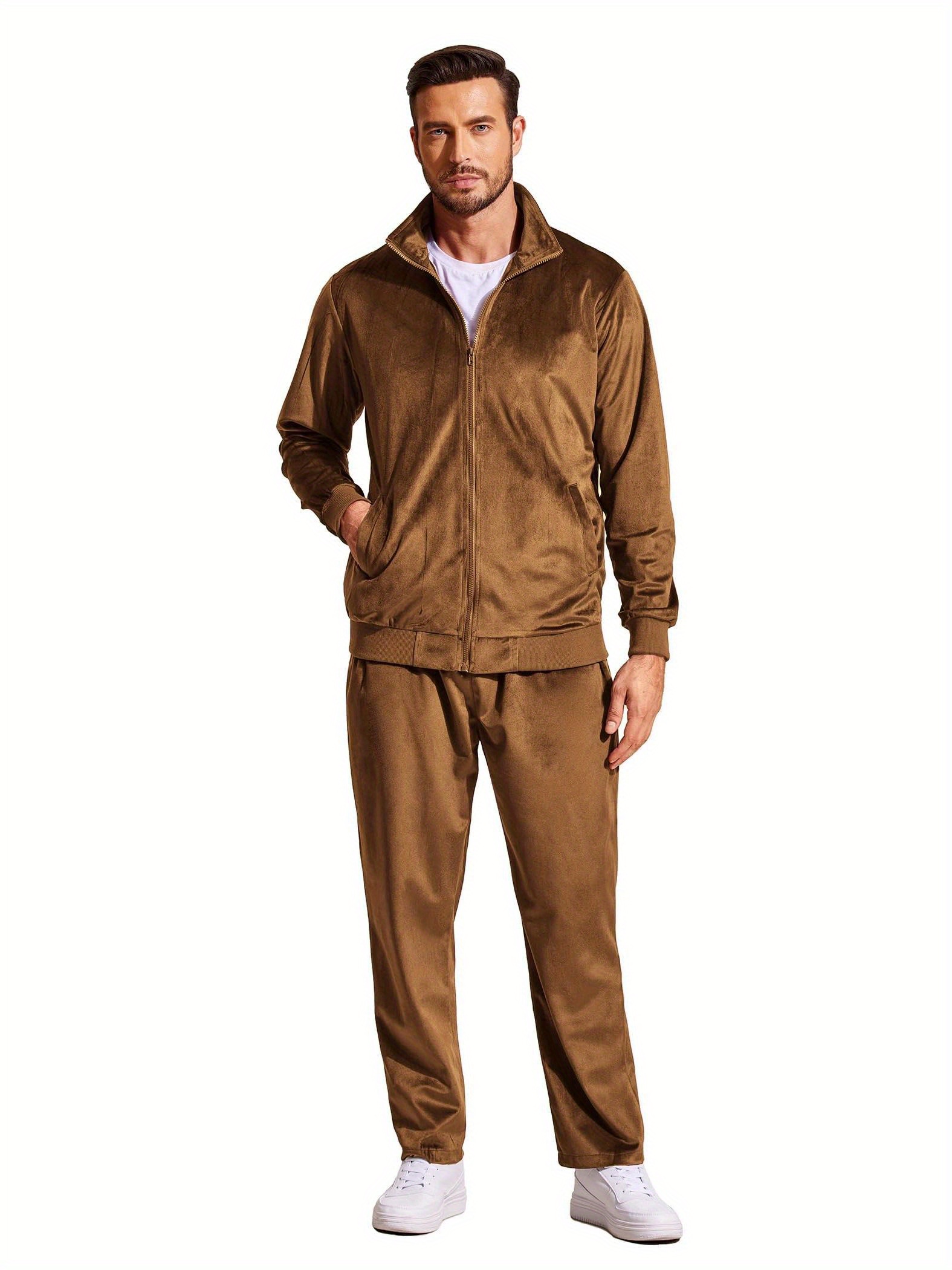 mens 2pcs velour tracksuit full zip jackets pants - Temu