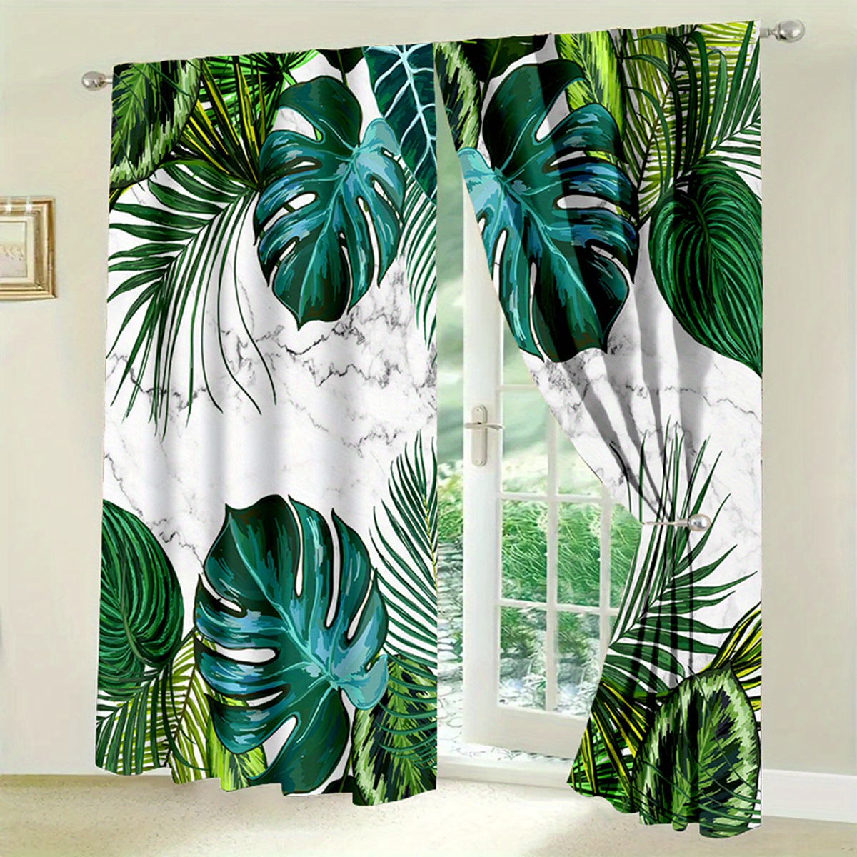 

2pcs/set Of Tropical Palm Green Leaf Pattern Printed Curtains, Machine Washable Durable And Easy To Hang Household Charming Decorative Curtains For Living Room And Bedroom For Door Window And Balcony