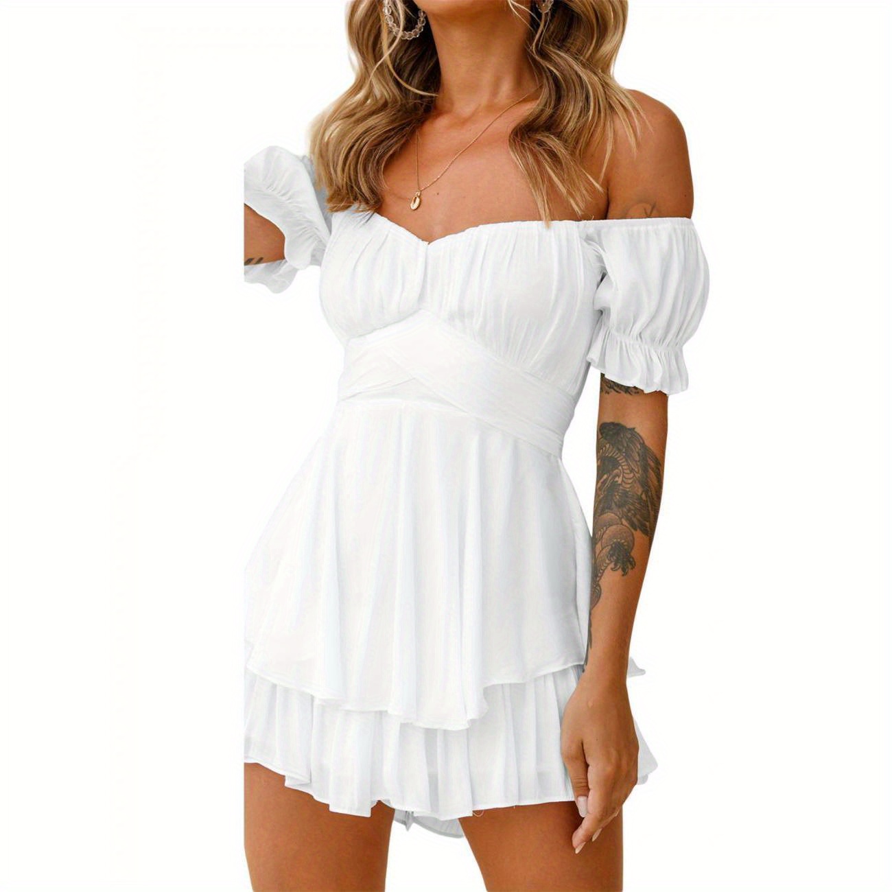 

Women Short Jumpsuit, Short Sleeve Off-shoulder Solid Summer Playsuit For