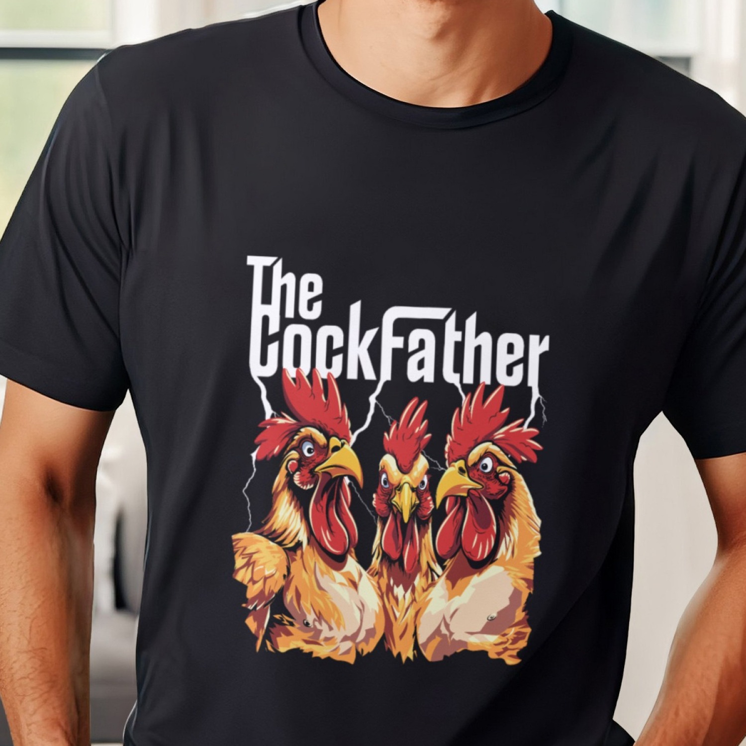 

Men's Summer Short Sleeve T-shirt With Front Print - Comfortable, Breathable Fabric, Casual Sporty Style- The Cockfather Chicken Father Owner Funny Rooster