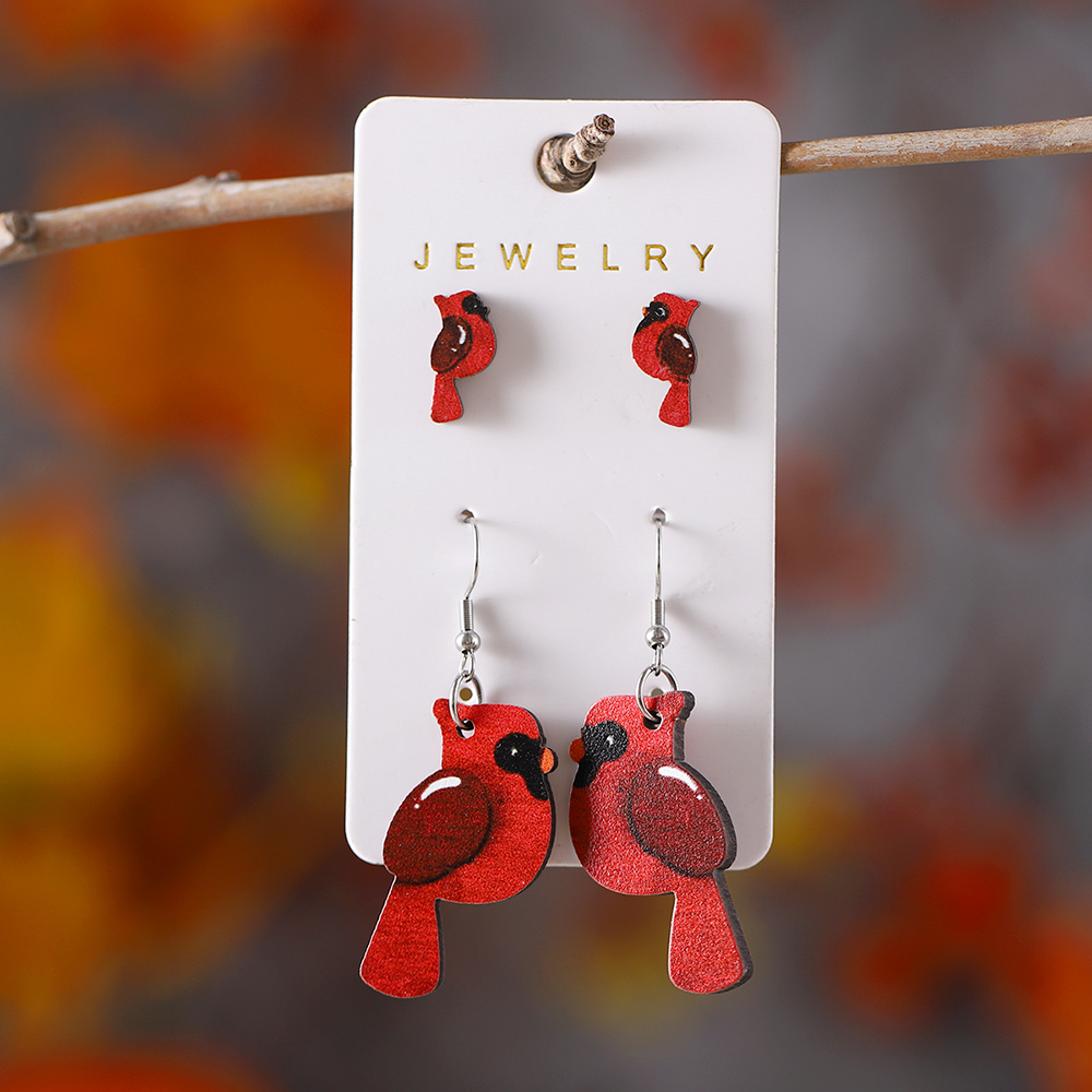 

2 Pairs Set Bohemian Cute Red Bird Stud Earrings Set Women's Retro Wooden Simple Style Pendant Double-sided Earrings Nostalgic Gift