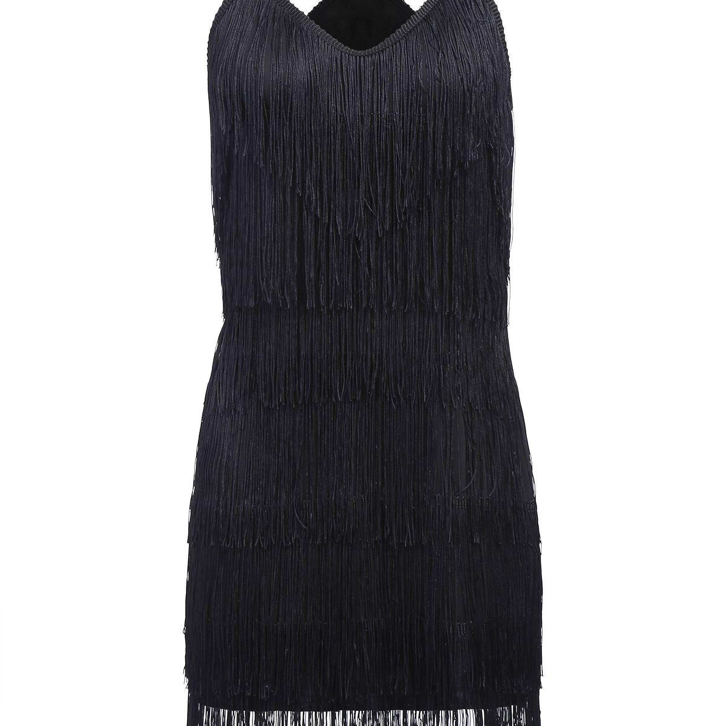 

Solid Color Fringe Hem Cami Dress, Vintage V-neck Sleeveless Slim Dress For Spring & Summer, Women's Clothing