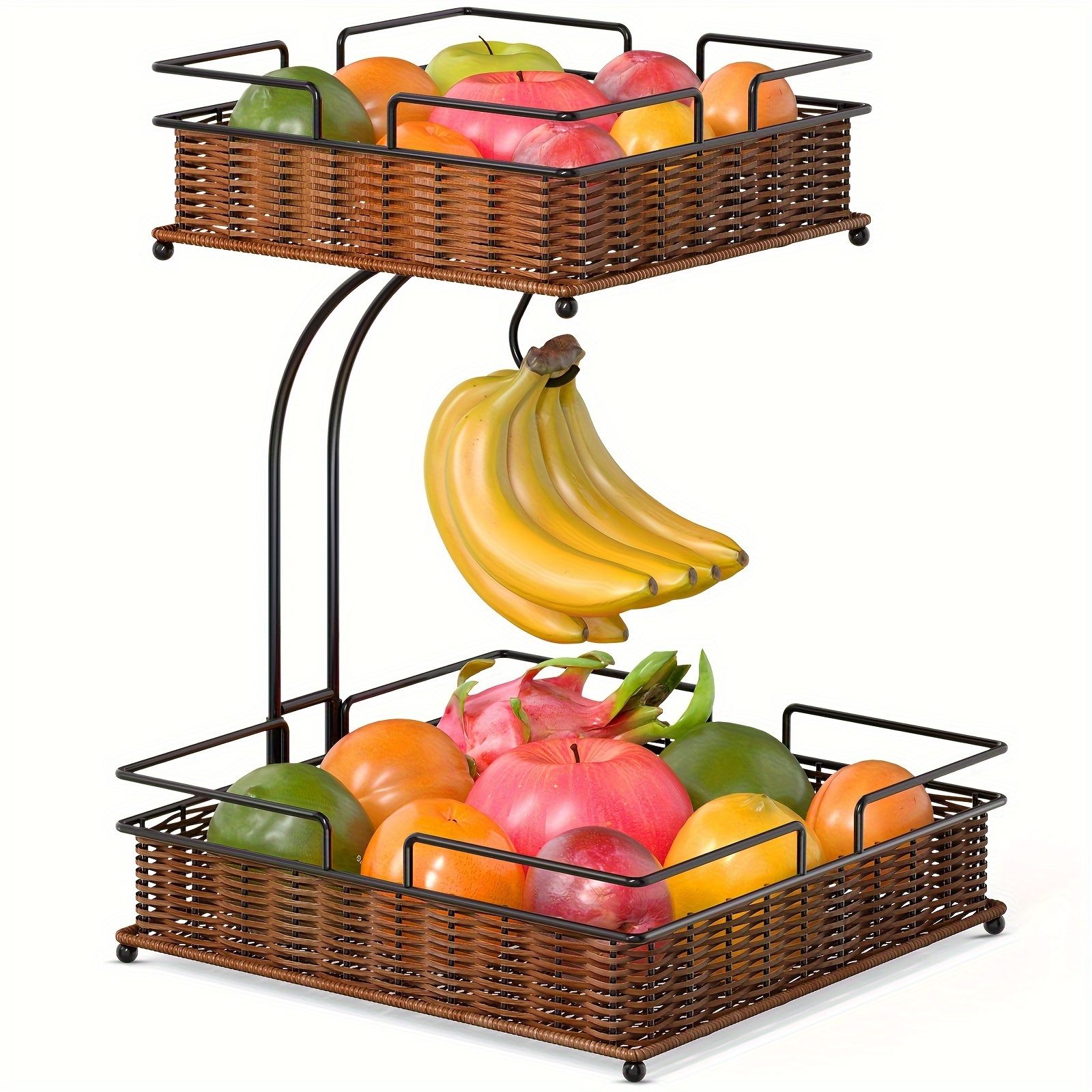 

1pc 2-tier Square Countertop Fruit And Vegetable Basket Bowl Storage With Banana Hanger, Black, 1 Pack. Stack The Baskets Into 2 Or Use As 2 Separate Baskets, Which Comes With A Banana Hook.