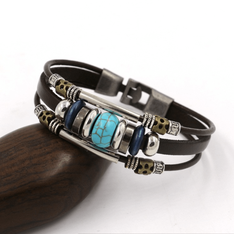 TEMU 1pc Fashion Turquoise Beaded Personality Ethnic Style Bracelet Retro Multi-layer Couple Charm Leather Bracelet Party Holiday Gift Accessories