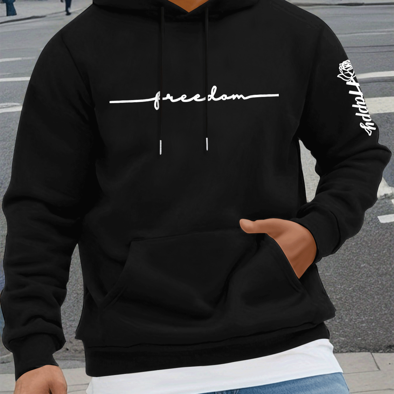 

Cursive Letter Print, Men's Drawstring Sweatshirt Hoodies, Men's Comfy Casual Pullover Long Sleeve Hoodies With Kangaroo Pocket For Regular Fit