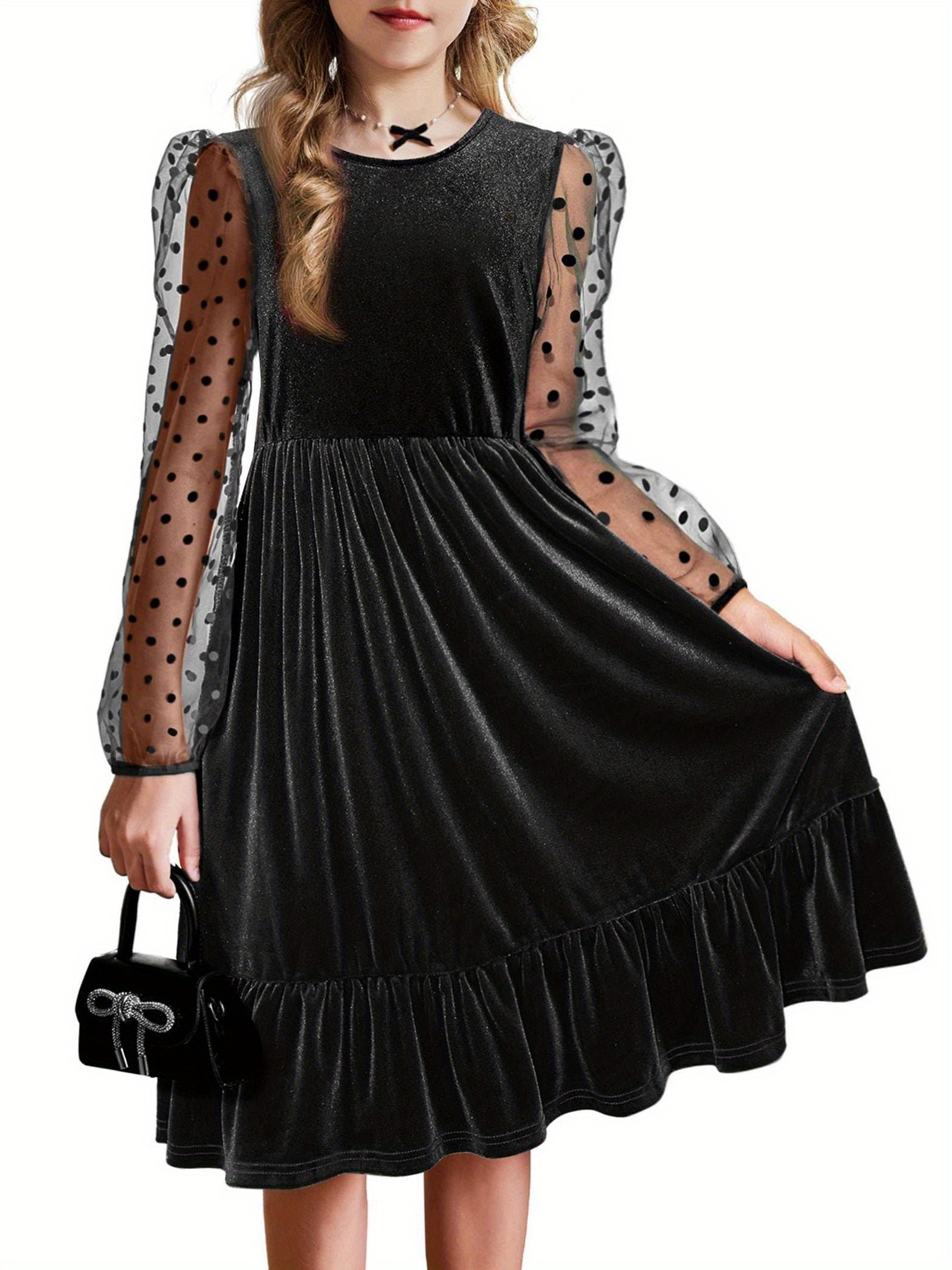 girls dresses contrast mesh velvet long sleeve a line - Temu