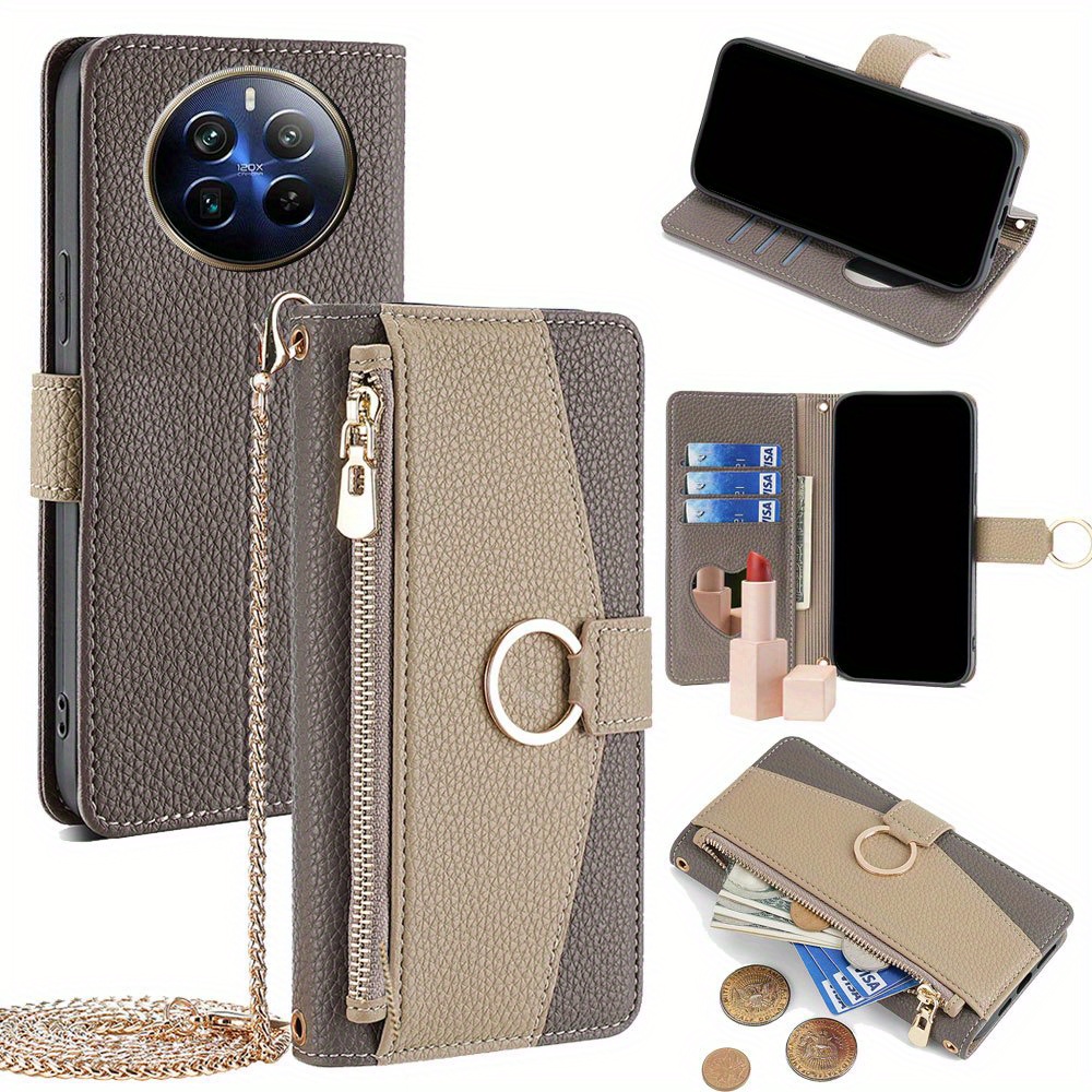 

Protective Fashion Ladies Crossbody Case Card Holder Bracket Hardware Insertion Zipper Wallet Phone Case For Realme 5 5s 6 6s 6 7 8 8s 8i 9i 7i 9 10 11 12 12x Pro+ 5g 4g