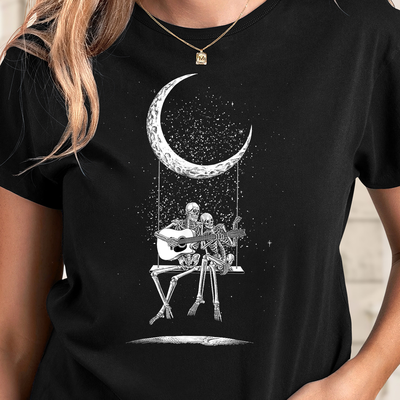 

Playing Guitar On The Moon Pattern Printed T-shirt, Short Sleeved Crew Collar Casual Top Summer And Spring, Women's Clothing