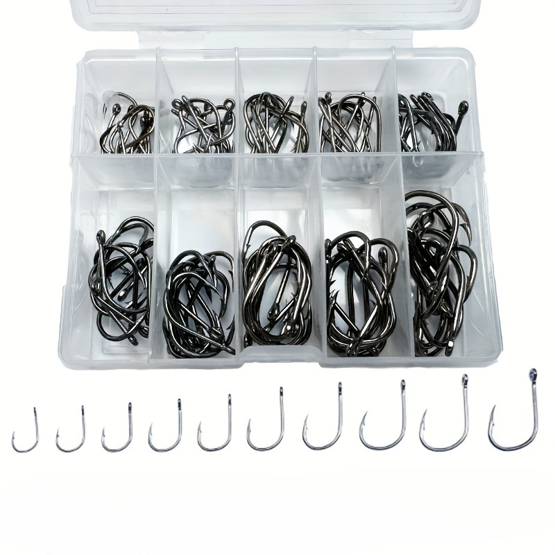 

100pcs High Carbon Steel Fishing Hooks Set, Sharp Piercing Hooks, Sizes #3 To #12 - Assorted Fishhooks With Storage Box For Freshwater Saltwater Fishing