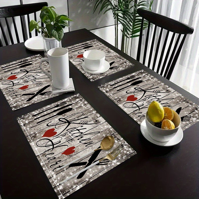 

4 Pcs, Linen Table Fabric, Love Wood Kitchen Pattern Printed Table Mat, Perfect For Home Kitchen And Dining Room Decoration