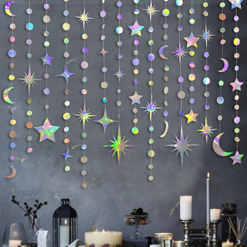 4 Star Moon Round Dot Party Halloween and Christmas Decoration Party Flag, Hanging New Moon Sparkling Small Stars Flowing Colorful Flags Birthday Wedding Decoration Background