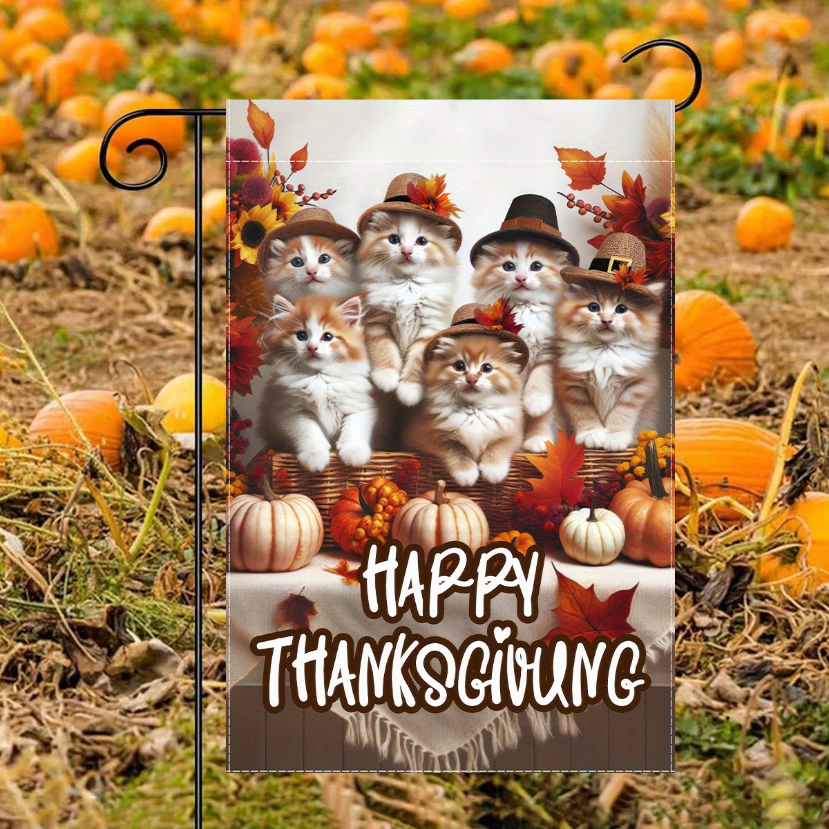 

1pc Happy Thanksgiving Cat Garden Flag 12x18 Inch Double Sided - Seasonal Fall Pumpkin Decorative Flag, Fabric, No Electricity Needed, Outdoor Lawn And Yard Decoration For Autumn Farmhouse Holidays